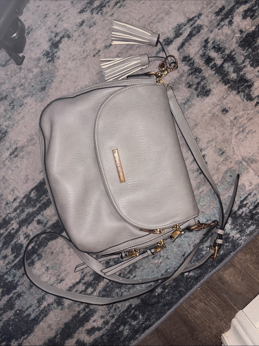 Gray Leather Crossbody Bag with Tassel Accent